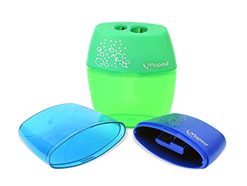 Maped Sacapuntas Shaker de 2 agujeros, diseño compacto, hoja de acero, ideal para lápices estándar y jumbo, recipiente resistente a los golpes, colores vibrantes, paquete de 150 sacapuntas