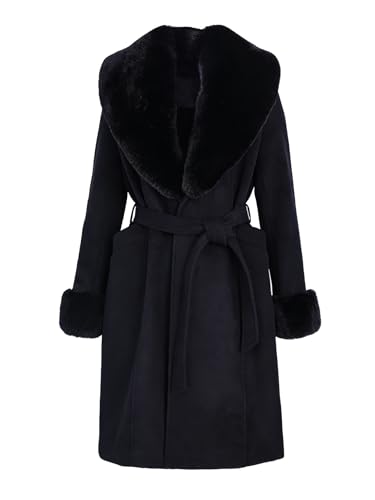 Image of Pallivare Women Fur Trench Coat Elegant Jacket Warm Long Fall Winter Overcoat With Fur Collar & Belt LG116 Black XL