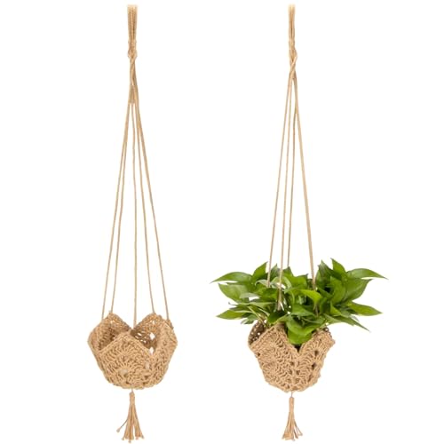RAINFLOW Macrame Plant Hangers Indoor - 2 Packs Hanging Planters for Indoor Plants Boho Plant Hangers Hanging Plant Holder for Boho Home Decor Made of Jute with 2 Hooks