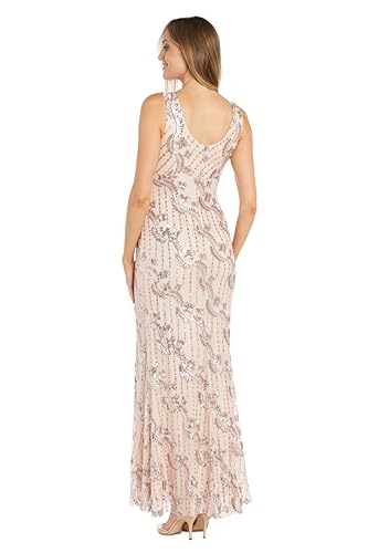 Image of R&M Richards Women's Embellished Full-Length Gown W /Illusion V-Neck & Back Zipper - Evening Cocktail Party Attire