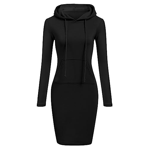 aromm Women's Hoodie Dress Pullover Long Sleeve Knee Length Casual Slim Hooded Sweatshirt Black, S