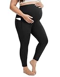 Fotociti Plus Size Maternity Leggings with Pockets Over The Belly,Pregnancy Pants for Casual Yoga Workout Lounge Black