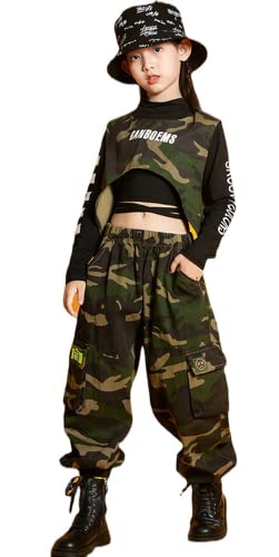 キッズダンス衣装 セットアップ トレーナー 長袖tシャツ 迷彩柄 ベスト パンツ 韓国 子供服 上下 ダンス 衣装 スポーツウェア ヒップホップ ガールズ 男の子 女の子 K-POP ストリート 演出服 ジュニア (セット#E,140)
