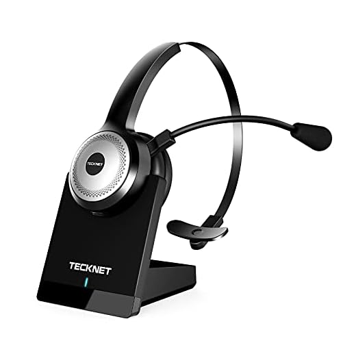 TECKNET Auricular Bluetooth con Estación de Carga, Auriculares Inalámbricos con Micrófonos PC, Cancelación de Ruido Sonido Estéreo Claro Compartible Skype,Centros de Llamadas,Cursos Online