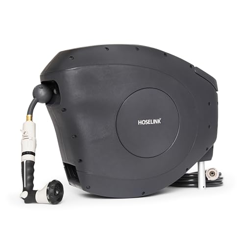 HOSELINK Classic Charcoal 82ft Hi-Flow Automatic Retractable Hi-Flow Garden Hose Reel, 9/16”, UV-Stabilized Kink-Free Hose, Wall Mounted Complete Watering Solution for Backyard, Garden & Outdoor