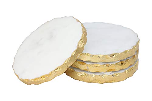 P E Coasters for Drinks  Set of 4 Luxury White Marble Coasters with Gold Edges Housewarming Gift for Home Decor