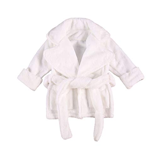 Toddler Baby Boy Girls Flannel Bathrobe Ultra Soft Long Sleeve Lapel Design Robes with Belt and Pocket Clothes (White,6-12 Months)