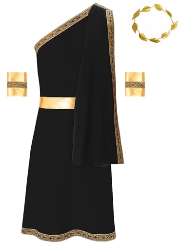 Men's Ancient Greek Roman One Strap Toga Robe with Cuffs and Gold Leaves Garland Headwear