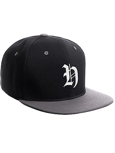 Daxton Classic Snapback Hat Old English Font Alphabet A to Z Flat Bill Visor Cap, Black Light Grey Hat, White H