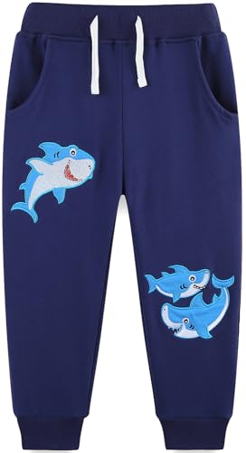 Langubaby Pantaloni per Ragazzi Bambino 100% Cotone con Tasche Dinosauro Escavatore Squalo Taglia 3-4 Anni
