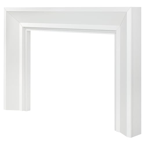 Image of Modern Ember Everly Wood Fireplace Mantel Surround Kit in White | 48 inch x 42 inch Opening | 72 inch x 54 inch Overall | Modern Picture Frame Design | Includes Poplar Wooden Mantel Surround & Shelf