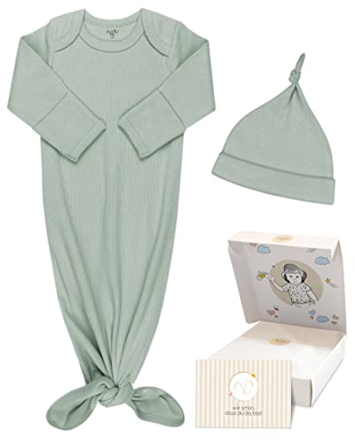 nudu Baby - Strampler und Mütze zum zuknoten - aus BIO Baumwolle -Geschenk zur Geburt für neugeborene + Geschenkkarte - für 0-3 Monate - Mintgrün Cover