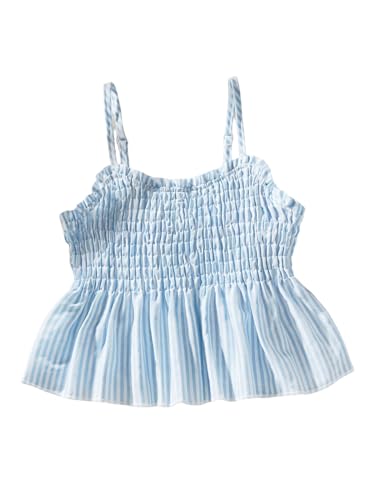OYOANGLE Girl's Striped Babydoll Cami Top Spaghetti Strap Shirred Ruffle Cute Summer Tops