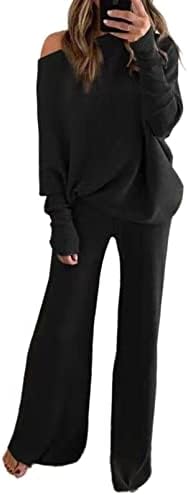 Women's Plus Size 2 Piece Knitted Tracksuit Sexy Off Shoulder Long Batwing Sleeve Pullovers Tops And Drawstring Wide Leg Pants Black Large