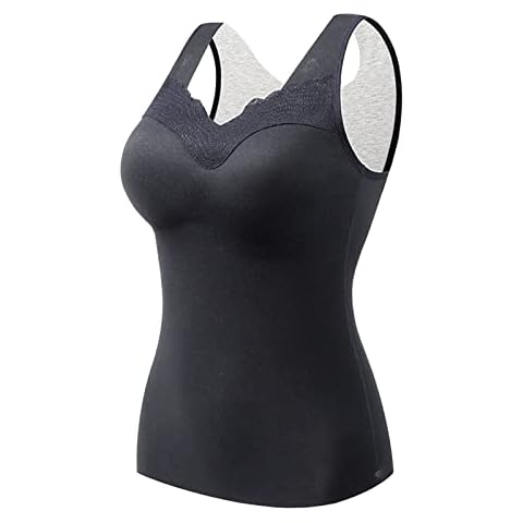 Ladies Winter Warm Cotton Thermal Underwear Tops Sleeveless Vest Fleece Lined Cami Tank Top Slim Fit Lace Breathable Stretchy Padded Undershirt Warm Vest Tops for Women Winter Black Cover