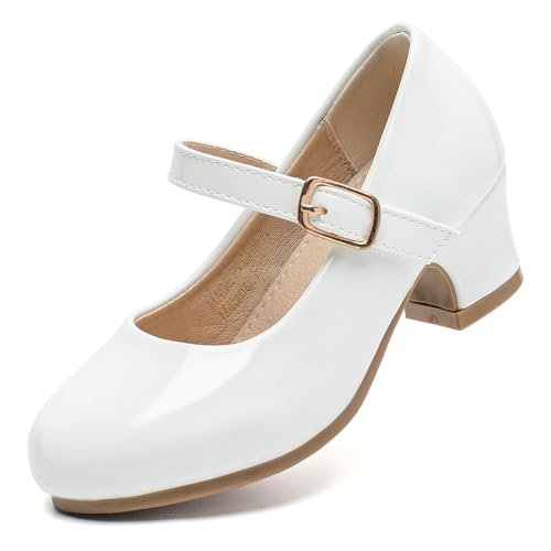 Parisex Girls White Dress Shoes, Low Heels Character Shoes, Mary Jane Princess Flats for School, Wedding, Party, Church Toddler 7