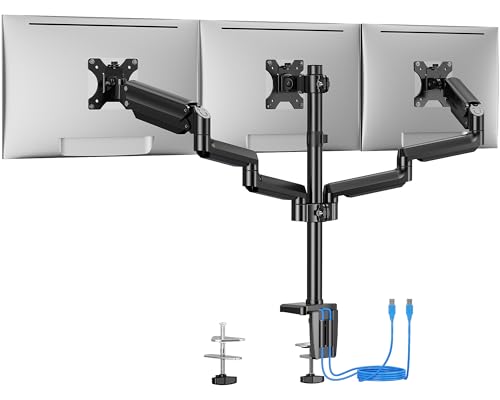 ErGear Triple Monitor Mount for 13-27 inch Screens, Triple Monitor Arms with USB, Heavy Duty Three Monitors Stand with Tilt, Swivel, Rotation, Holds Up to 17.6 lbs Each Arm