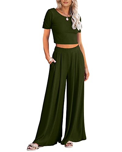 Btfbm Women Summer 2023 Two Piece Casual Outfits Lounge Set Ribbed Knit Bodycon Crop Top Long Pants Tracksuits Sweatsuit(Short Army Green, Medium) #TOP21