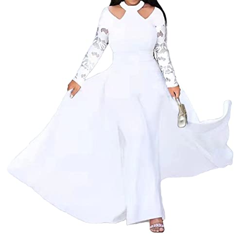 IWFEV Long Sleeve Plain Lace Party Full Length High Waist Women's Patchwork Overlay Jumpsuit L White