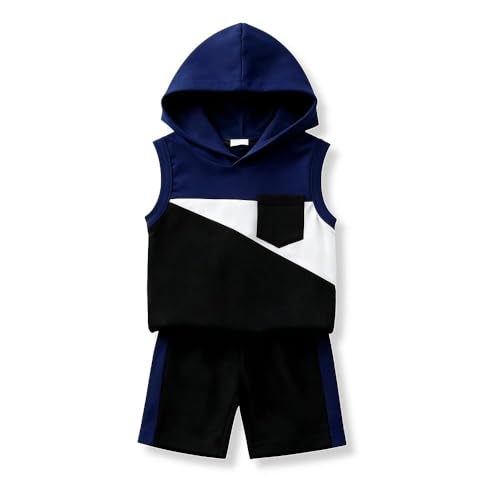 Voxikodex Size 3 4 Years Toddler Boys Clothes 2 Piece Color Block Sleeveless Hoodie Tank Tops & Shorts Set Boys Fashion Summer Outfits Set (Blue,3-4Y)