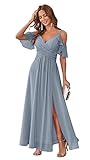 Stylefun Dusty Blue Chiffon Cold Shoulder Bridesmaids Dresses with Slit Pleated Long Formal Dress and Party Gowns 0