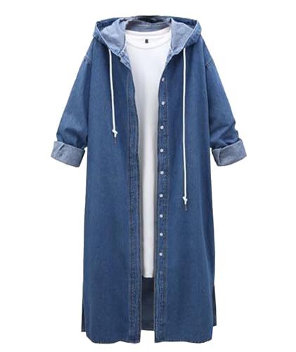 Raboolion Women's Long Denim Hooded Jacket Oversized Drawstring Button Trench Jean Jacket Coat