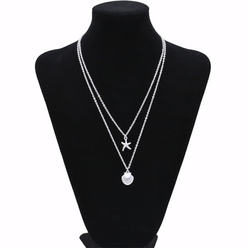 Boho Starfish Seashell Layered Necklace Gold Silver Plated Dainty Charm Double Layer Sea Shell Lucky Stars Ocean Animal Chain Necklace for Women Hawaiian Summer Beach Vacation Trendy Jewelry Gifts3