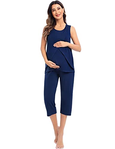 Swomog Maternity Pyjama Set Labor Delivery Nursing Pjs Sleeveless With Pockets Double Layer Pregnancy Breastfeeding Sleepwear Navy Blue #TOP3