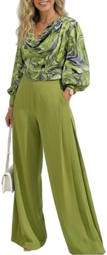 CHICME Women's 2 Pieces Outfit Abstract Print Cowl Neck Lantern S...