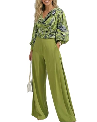 CHICME Women's 2 Pieces Outfit Abstract Print Cowl Neck Lantern