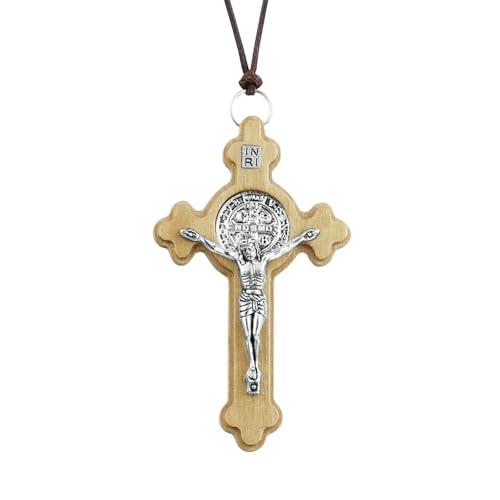 XIPIEIO Collana con Ciondolo a Croce Latina con Catena Punk cubana neutra per Uomo Grande crocifisso in Legno medaglia di San Benedetto collane da Donna Regalo Personalizzato