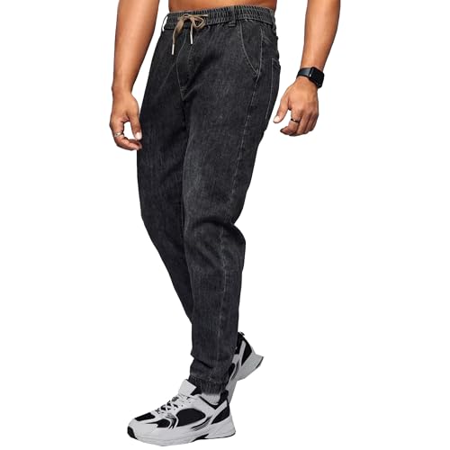 DGHM-JLMY Mens Elastic Waist Jeans High Waist Drawstring Denim Sweatpants Casual Regular Fit Denim Pants Joggers Jean