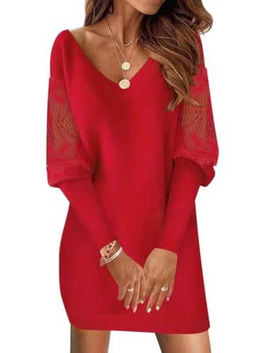 ORANDESIGNE Winterkleid Pullover Damen Tunika Kleid Gerader Schnitt Kurz Pulloverkleid Elegant V Ausschnitt Langarm Etuikleid Minikleid Pullikleid...