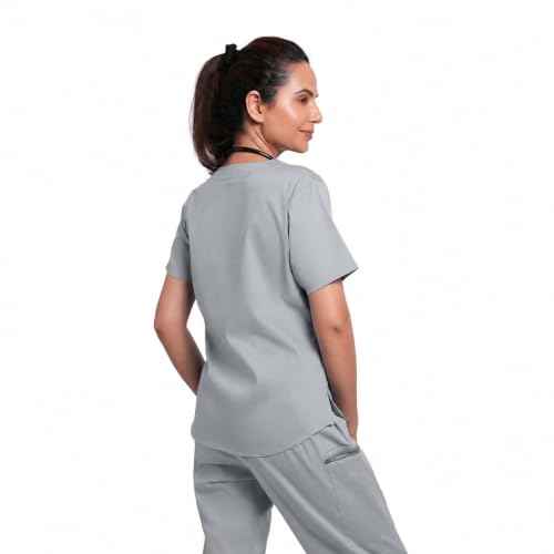 Image of Lite V-Neck 6-Pocket Women's Cotton ScrubSuit | Moisture-Wicking, Anti-Stain & Odor Protection | Classic Fit Top & Pant | All-Day Comfort for Doctors & Students Slate Grey (M)
