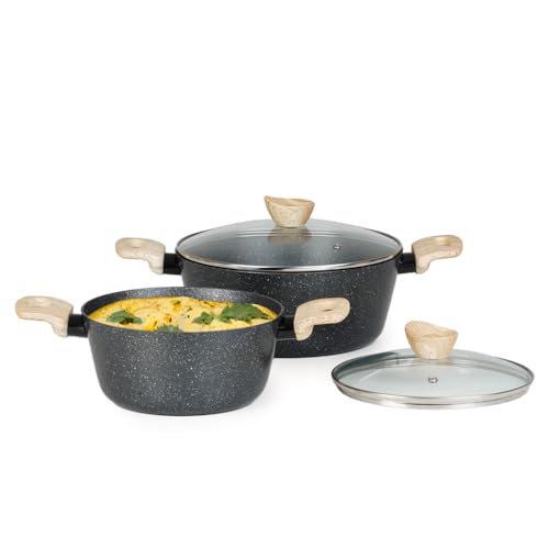 Image of Kreme Venetia Premium Series 4-Piece Granite Casseroles Cookware Set with Lid | Non-Stick Aluminium Cooking Pot | Granite Coating | Induction & Gas Stove Compatible | Healthy Low-Oil Cooking, Grey