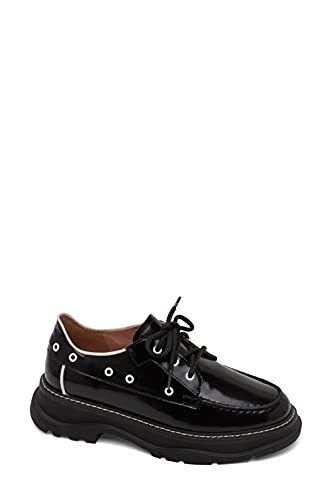 Marcy - Leather Lace-Up Welted Apron Toe Lug Sole Loafers Black Smooth Leather 6.5M