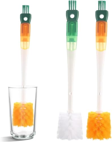 Lot de 2 brosses à bouteille 5 en 1, brosse de nettoyage pour bouteilles, porte-bouteilles long, brosses multifonctionnelles avec brosse de nettoyage pour bouteilles de boisson, bouteille en verre