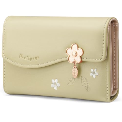 Portafoglio Donna Piccolo pelle PU Carina Sottile in formato corto con Cerniera Portamonete e Chiusura a Scatto Scomparti per Carte Multipli M-Verde