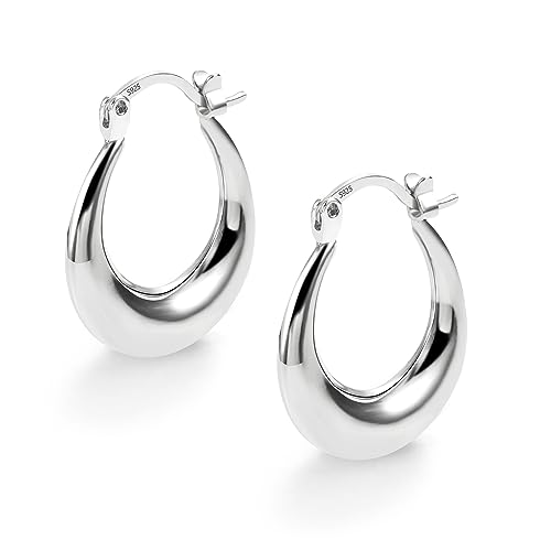 Pendientes de aro de plata de ley 925, grande, de plata 925, ovalados, gruesos, bañados en oro de 14 quilates, hipoalergénicos, para mujeres