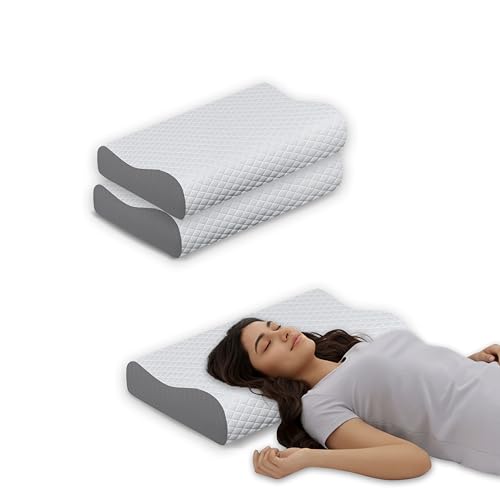 Image of Ergonomic Neck Pillow Set of 2, Memory Foam Cervical Contour Cushion for Sleeping, Orthopedic Support for Side and Back Sleepers, Washable Cover, Grey, 48 x 30 cm