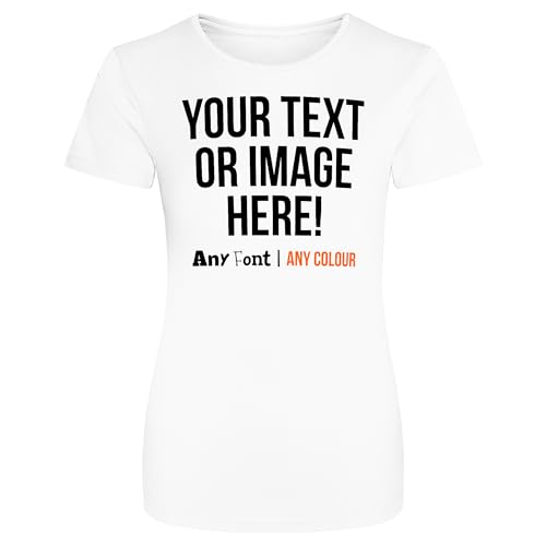 Womens Custom Activewear T Shirt Ladies Fit Polyester Gym Sports Any Text Image Personalised Printed Logo Marathon Run Running Club Photo Tee, S, White