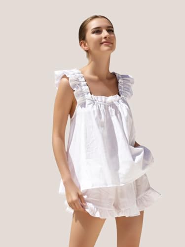 Womens Summer Pajama Sets 2 Piece Outfits Ruffle Trim Top and Shorts Cotton Loungewear Set2