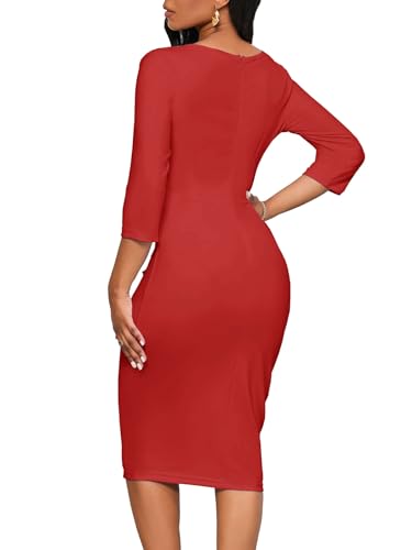 Image of Church Dresses for Women 3 /4 Sleeve Ruffle Vintage Bodycon Cocktail Work Midi Pencil Dress