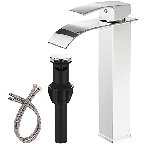 Bathfinesse Polished Chrome Bathroom Faucet Vessel Sink Faucet Tall Stainless Steel Single Handle One Hole Deck Mount Bowl Vanity Sink Faucet With Pop-Up Drain Assembly #TOP29