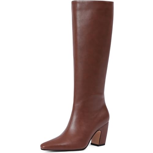 Women's Knee High Boots, Comfortable Square Toe Faux Leather Boot Fashion Long Tall Boots for Riding Wide Calf Chunky High Heeled Dress/Casual Boot