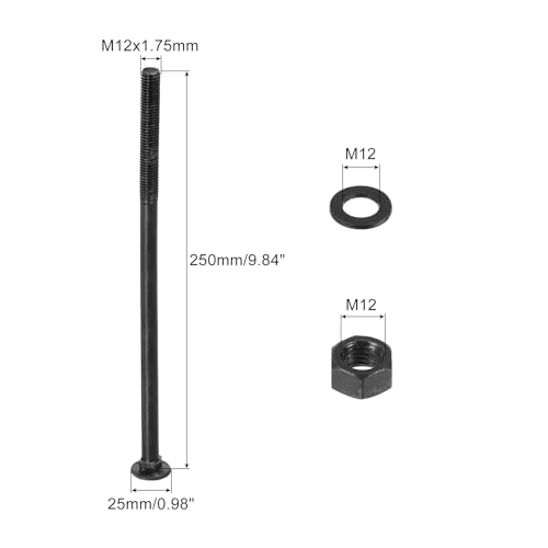 Image of uxcell M12 x 245mm Carriage Bolt Kit, 25 Set Round Head Square Neck Screws, Carriage Bolts Screws Set Includes Washers and Nuts - Carbon Steel Black Oxide for Fastening Accessories