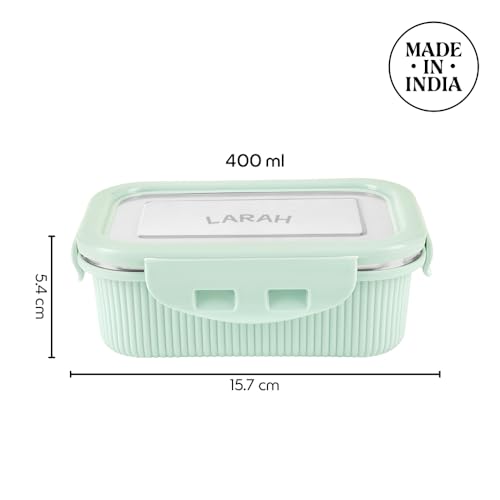 Image of Larah by BOROSIL Freshbyte Food Storage Container with Airtight Stainless Steel Lid | Fridge Container for Lunchbox | Food Grade | Microwave Safe (Green, 400 ml, Rectangular)