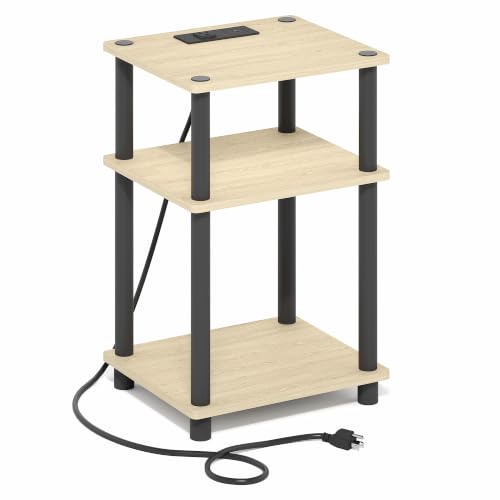 Image of Furinno Just 3-Tier Night Stand with Charging Station, Natural Oak | USB and Type-C Charging Port, Open Shelf Bedside Table, Side Table, End Table, for Living Room, Bedroom