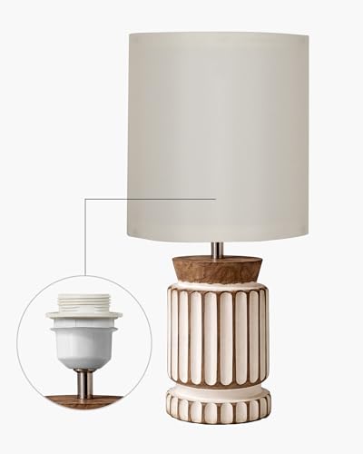 Image of Homesake Wooden Table Lamp | Handcrafted Bedside & Living Room Lamp | Bulb Included | Warm Light | Desk Nightstand Light, Decor Lamp for Bedroom, Study & Home Decor, (KD Off-White Drum)