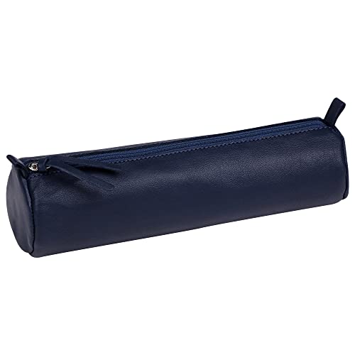 Clairefontaine 410161C - Trousse Scolaire Ronde Bleu marine Ø5,5x22 cm en Véritable Cuir d'Agneau
